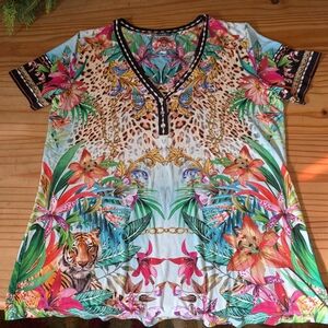 Johnny Was Multicolor Tropical Short Sleeve Tee